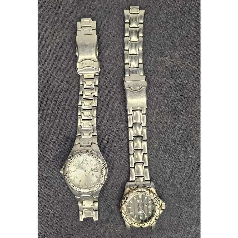 Lot of 2 FOSSIL Men's WristWATCHES 100 Meters Blue Date Stainless Steel As Is